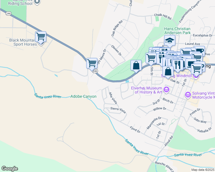 map of restaurants, bars, coffee shops, grocery stores, and more near in Solvang