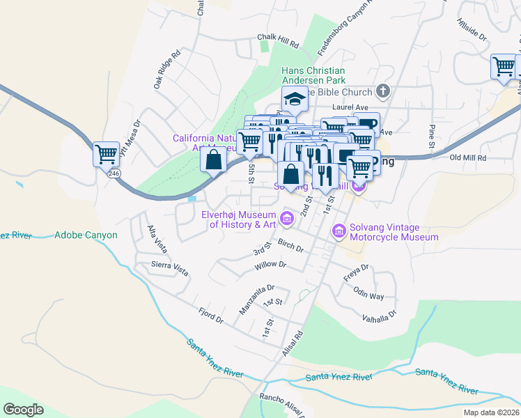 map of restaurants, bars, coffee shops, grocery stores, and more near 1524 Acorn Way in Solvang