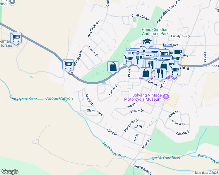 map of restaurants, bars, coffee shops, grocery stores, and more near 368 Midten Hof in Solvang