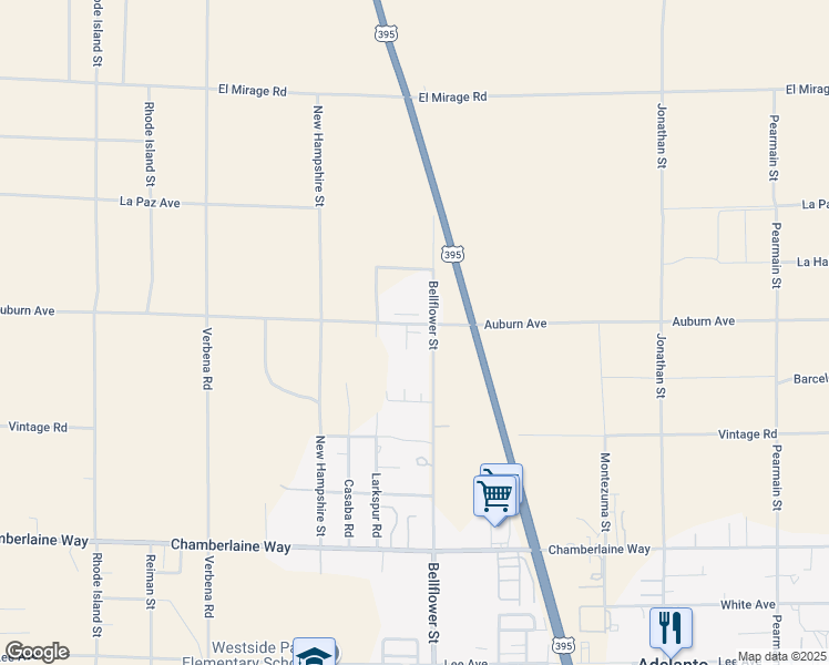 map of restaurants, bars, coffee shops, grocery stores, and more near 18863 Del Mano Court in Adelanto