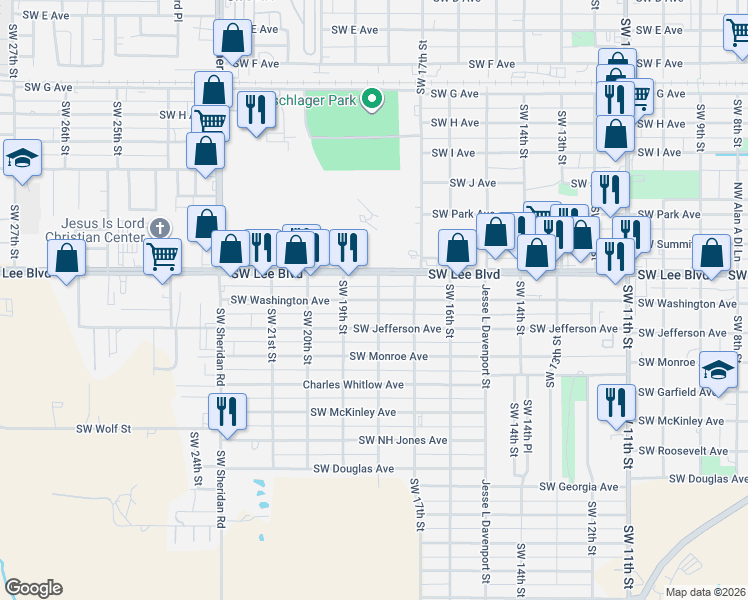 map of restaurants, bars, coffee shops, grocery stores, and more near 1722 Southwest Washington Avenue in Lawton