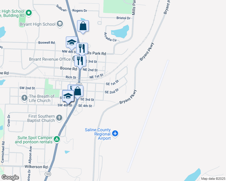 map of restaurants, bars, coffee shops, grocery stores, and more near 504 Southeast 2nd Street in Bryant