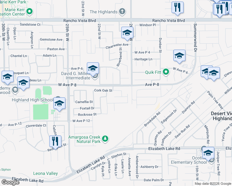 map of restaurants, bars, coffee shops, grocery stores, and more near 2108 Cork Oak Street in Palmdale