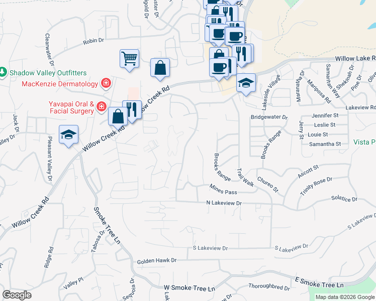 map of restaurants, bars, coffee shops, grocery stores, and more near 3125 Montana Drive in Prescott