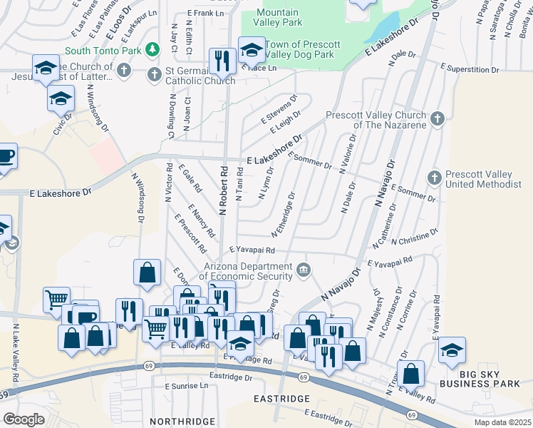map of restaurants, bars, coffee shops, grocery stores, and more near 3468 North Etheridge Drive in Prescott Valley