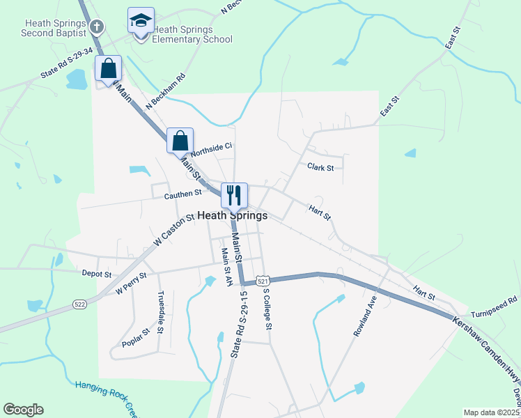 map of restaurants, bars, coffee shops, grocery stores, and more near Railroad Avenue in Heath Springs
