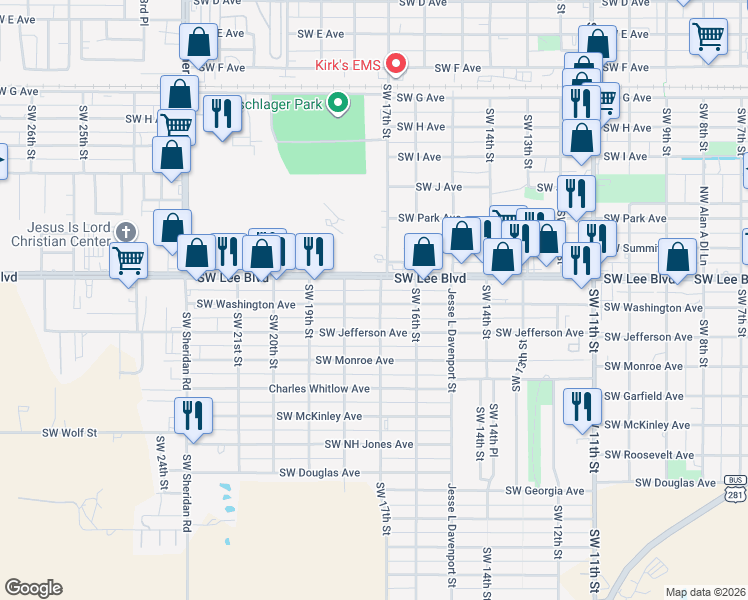 map of restaurants, bars, coffee shops, grocery stores, and more near 1626 Southwest Washington Avenue in Lawton