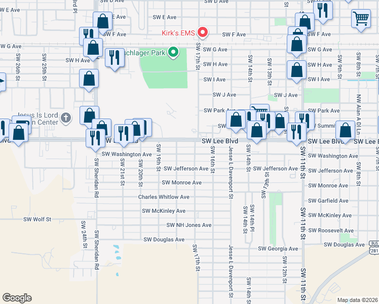 map of restaurants, bars, coffee shops, grocery stores, and more near 1722 Southwest Washington Avenue in Lawton