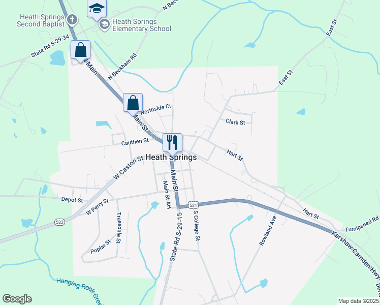 map of restaurants, bars, coffee shops, grocery stores, and more near Railroad Avenue in Heath Springs