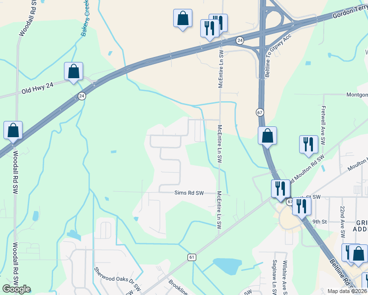 map of restaurants, bars, coffee shops, grocery stores, and more near 1118 London Place Southwest in Decatur