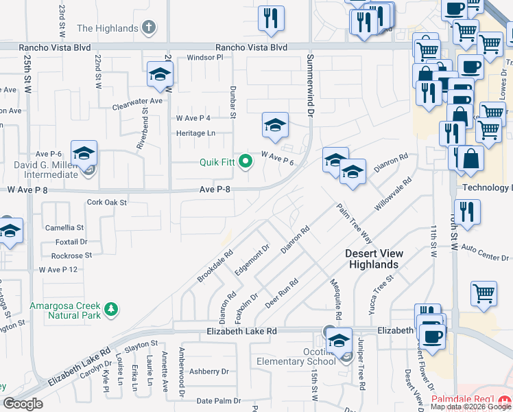 map of restaurants, bars, coffee shops, grocery stores, and more near 1632 Amargosa Drive in Palmdale