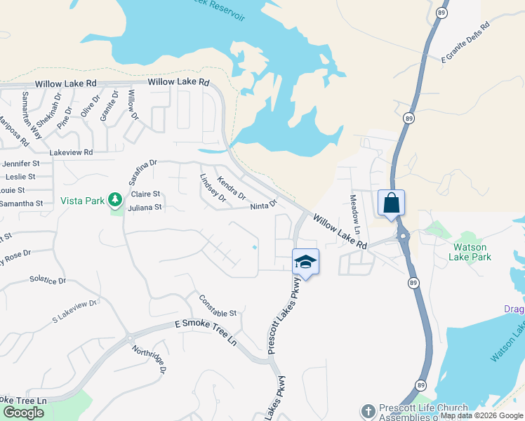 map of restaurants, bars, coffee shops, grocery stores, and more near 2792 Ninta Drive in Prescott