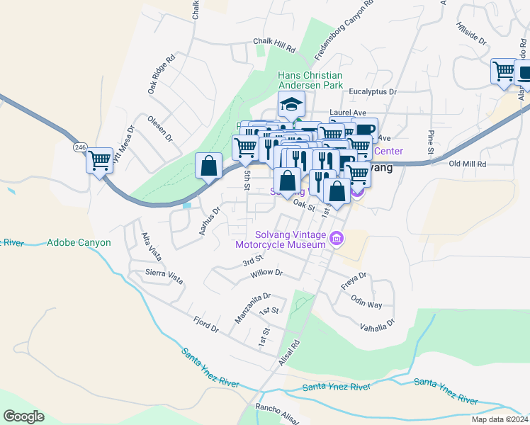 map of restaurants, bars, coffee shops, grocery stores, and more near 1555 Acorn Way in Solvang