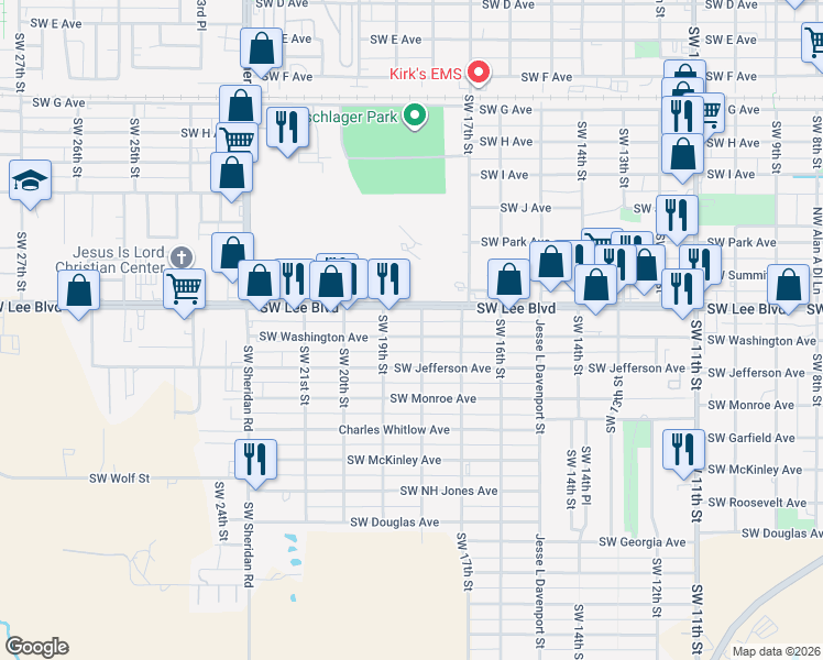 map of restaurants, bars, coffee shops, grocery stores, and more near 1803 Southwest Washington Avenue in Lawton