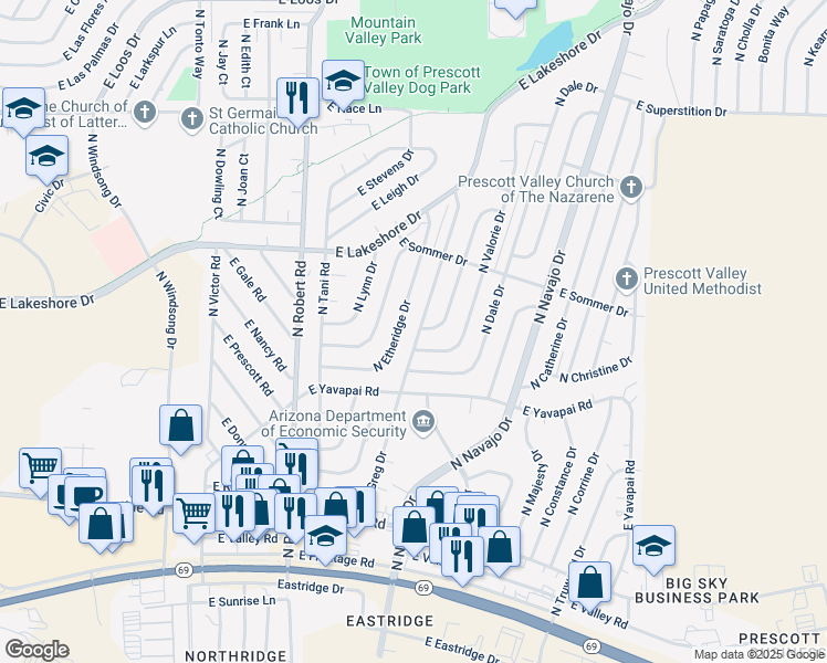 map of restaurants, bars, coffee shops, grocery stores, and more near 3441 North Valorie Drive in Prescott Valley