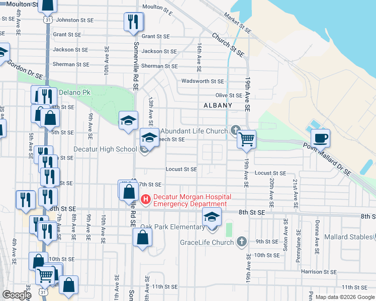 map of restaurants, bars, coffee shops, grocery stores, and more near 1411 Cypress Street Southeast in Decatur