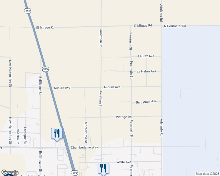 map of restaurants, bars, coffee shops, grocery stores, and more near 11769 Auburn Avenue in Adelanto
