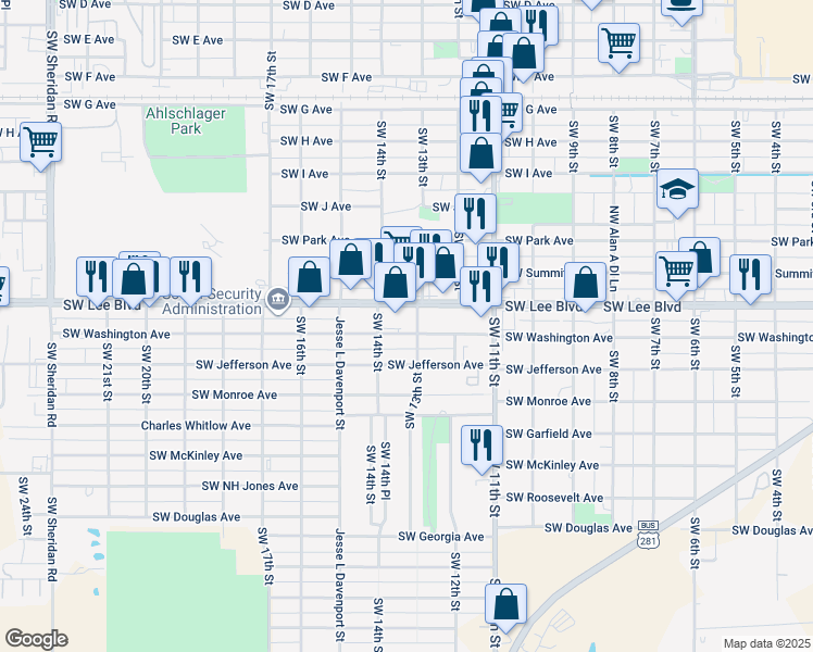map of restaurants, bars, coffee shops, grocery stores, and more near 1400-1498 Southwest 13th Street in Lawton