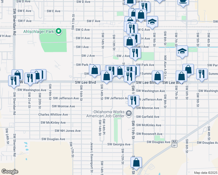map of restaurants, bars, coffee shops, grocery stores, and more near 1312 Southwest Washington Avenue in Lawton