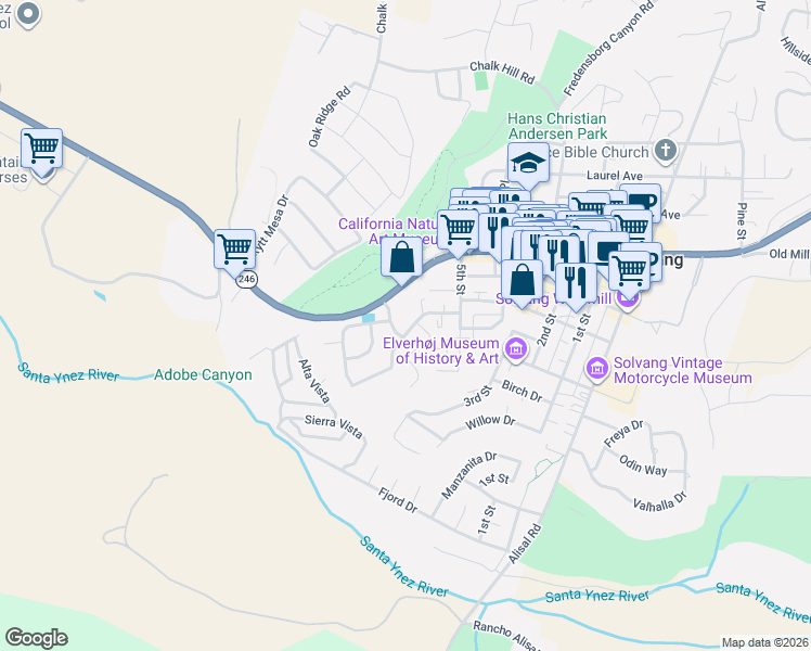 map of restaurants, bars, coffee shops, grocery stores, and more near 201 Oster Sted in Solvang