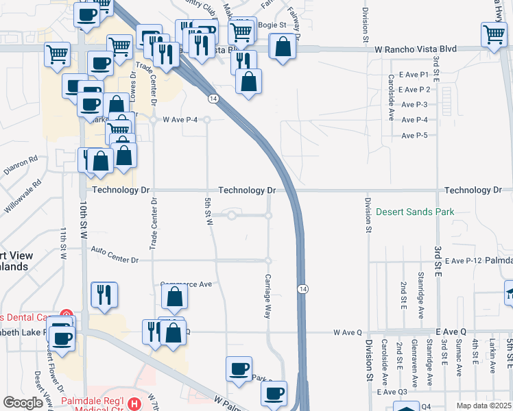 map of restaurants, bars, coffee shops, grocery stores, and more near 401 Auto Vista Drive in Palmdale