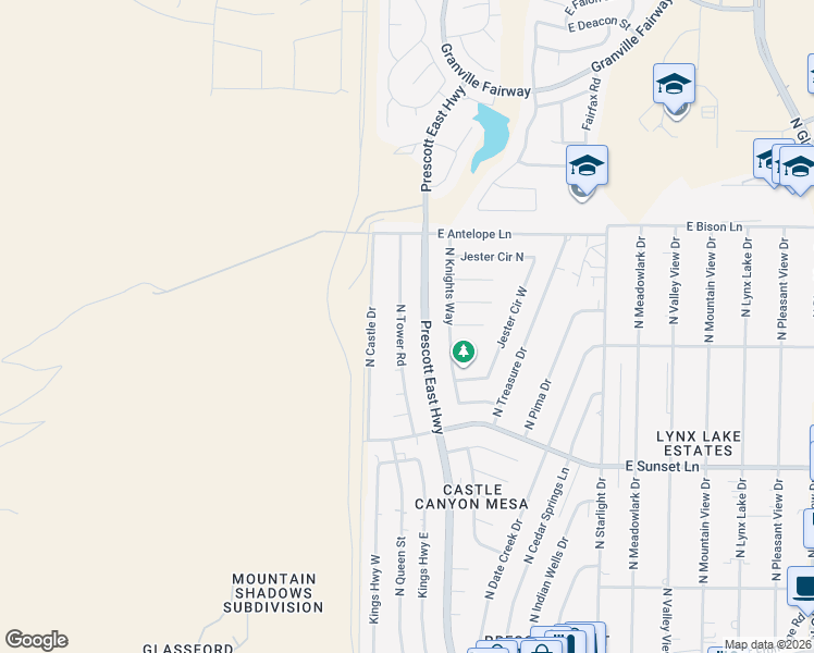 map of restaurants, bars, coffee shops, grocery stores, and more near 3442 North Tower Road in Prescott Valley