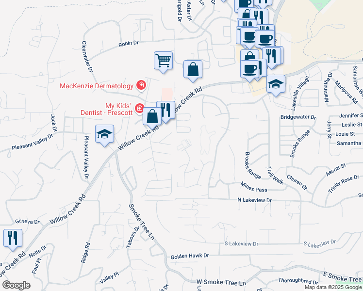 map of restaurants, bars, coffee shops, grocery stores, and more near 3160 Cascades Court in Prescott