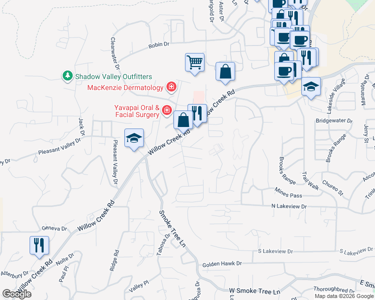 map of restaurants, bars, coffee shops, grocery stores, and more near 3090 Emerson Drive in Prescott