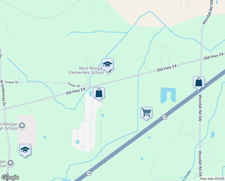 map of restaurants, bars, coffee shops, grocery stores, and more near 143 Old Highway 24 in Decatur