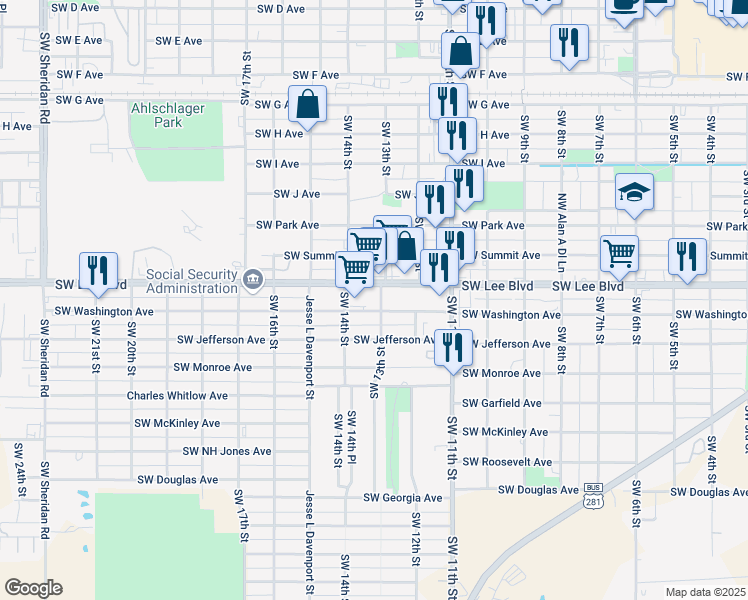 map of restaurants, bars, coffee shops, grocery stores, and more near 1250-1298 Southwest 13th Street in Lawton