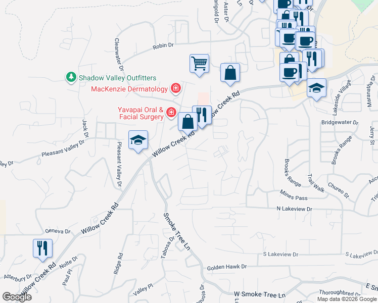 map of restaurants, bars, coffee shops, grocery stores, and more near College Heights Rd in Prescott