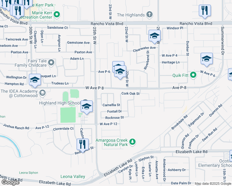 map of restaurants, bars, coffee shops, grocery stores, and more near 2301 Plumeria Lane in Palmdale
