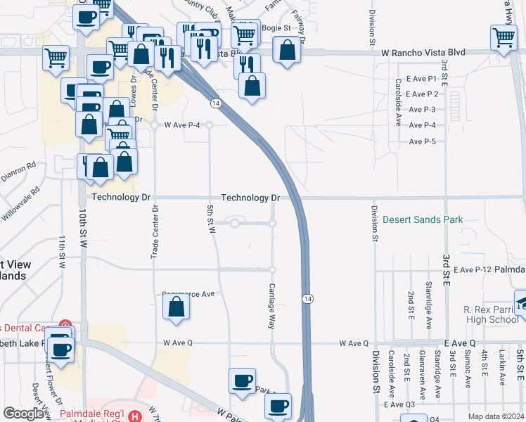 map of restaurants, bars, coffee shops, grocery stores, and more near 401 Auto Vista Drive in Palmdale