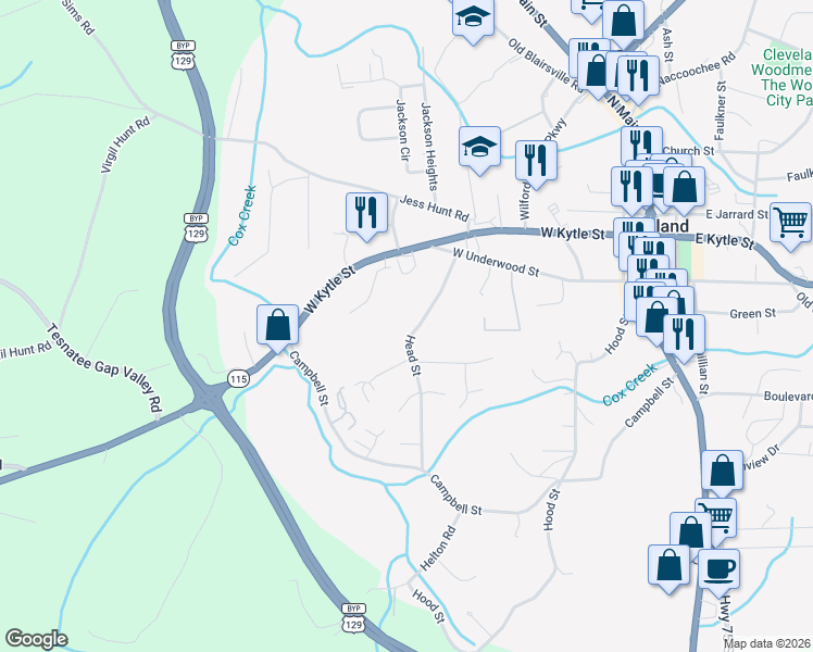 map of restaurants, bars, coffee shops, grocery stores, and more near Abernathy Lane in Cleveland