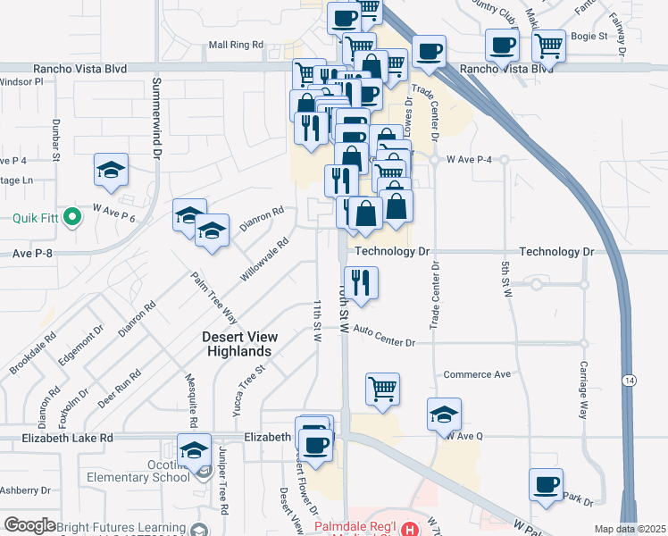 map of restaurants, bars, coffee shops, grocery stores, and more near 39129 10th Street West in Palmdale