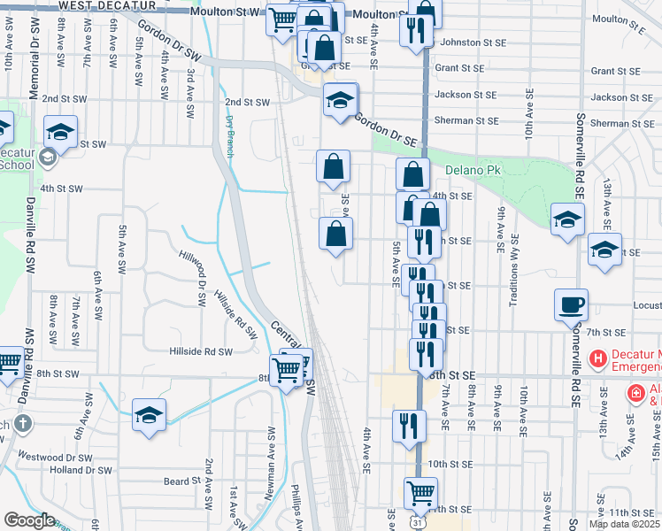 map of restaurants, bars, coffee shops, grocery stores, and more near 201 6th Street Southeast in Decatur