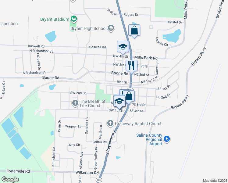 map of restaurants, bars, coffee shops, grocery stores, and more near 103 South Vine Street in Bryant