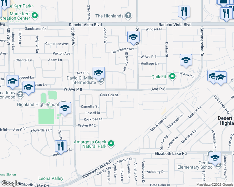 map of restaurants, bars, coffee shops, grocery stores, and more near 2131 Cork Oak Street in Palmdale
