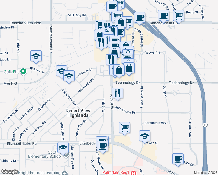map of restaurants, bars, coffee shops, grocery stores, and more near in Palmdale