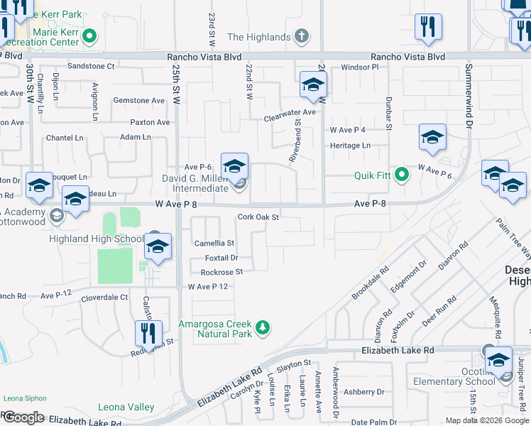 map of restaurants, bars, coffee shops, grocery stores, and more near 2151 Cork Oak Street in Palmdale