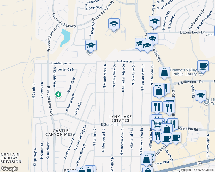 map of restaurants, bars, coffee shops, grocery stores, and more near 3600 North Valley View Drive in Prescott Valley
