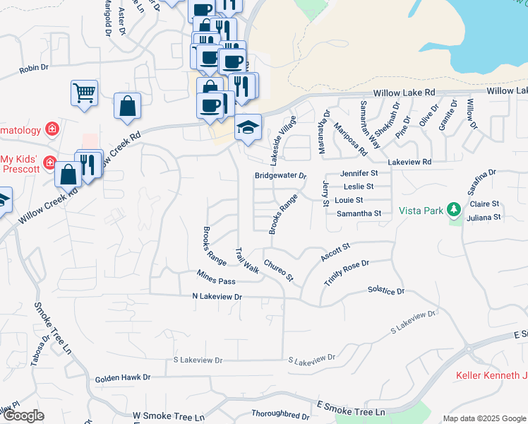 map of restaurants, bars, coffee shops, grocery stores, and more near 856 Crystal View Drive in Prescott
