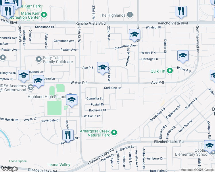 map of restaurants, bars, coffee shops, grocery stores, and more near 2207 Cork Oak Street in Palmdale
