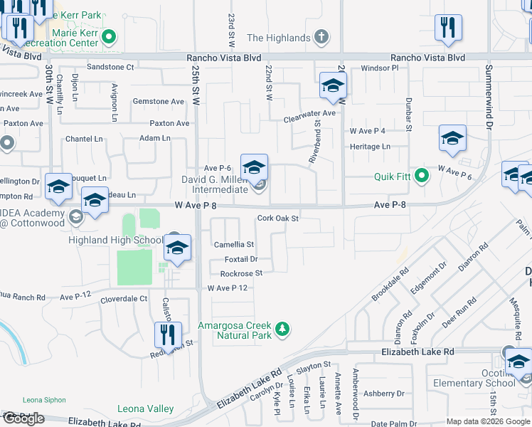 map of restaurants, bars, coffee shops, grocery stores, and more near 2207 Cork Oak Street in Palmdale