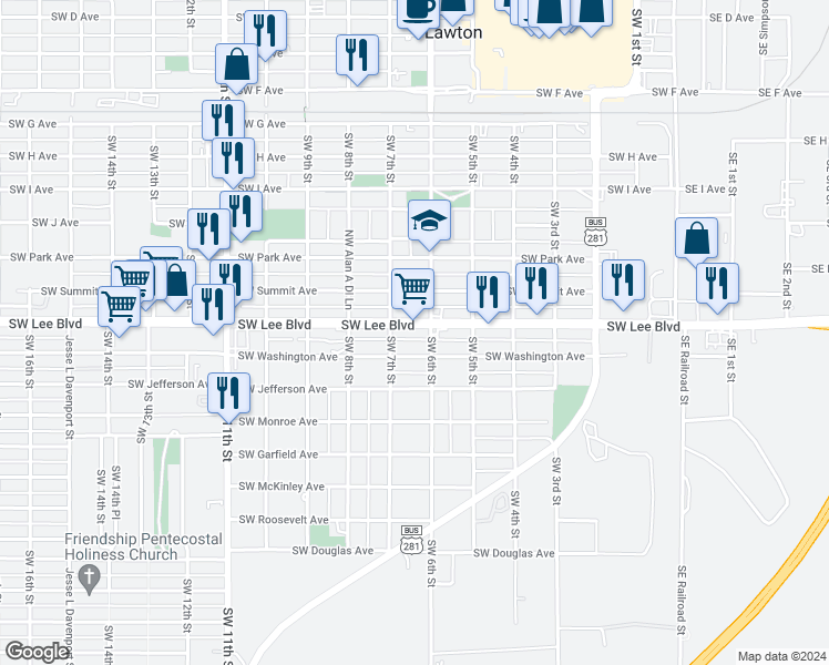 map of restaurants, bars, coffee shops, grocery stores, and more near 1111 Southwest 6th Street in Lawton