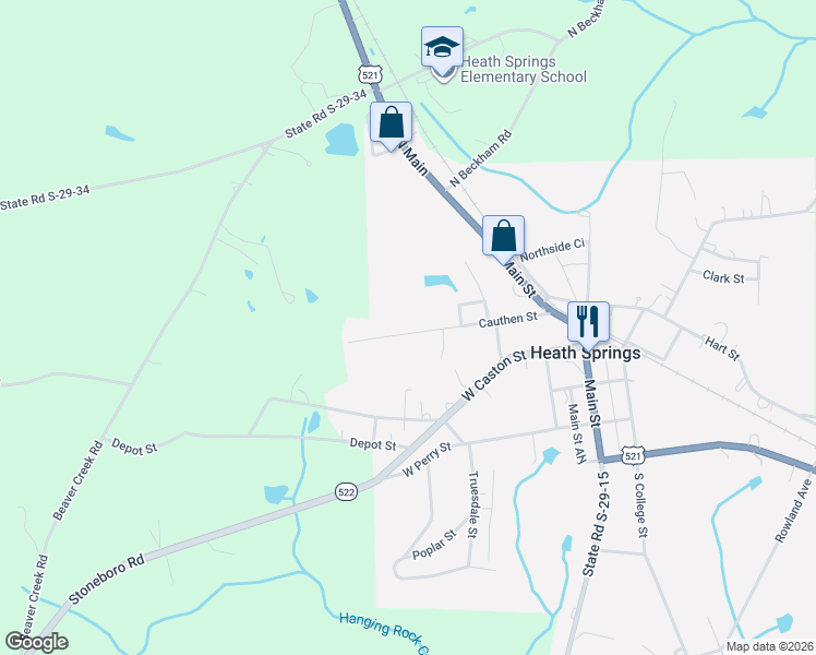 map of restaurants, bars, coffee shops, grocery stores, and more near 226 Cauthen Street in Heath Springs