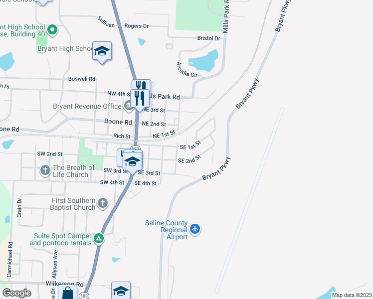 map of restaurants, bars, coffee shops, grocery stores, and more near 401 Southeast 1st Street in Bryant