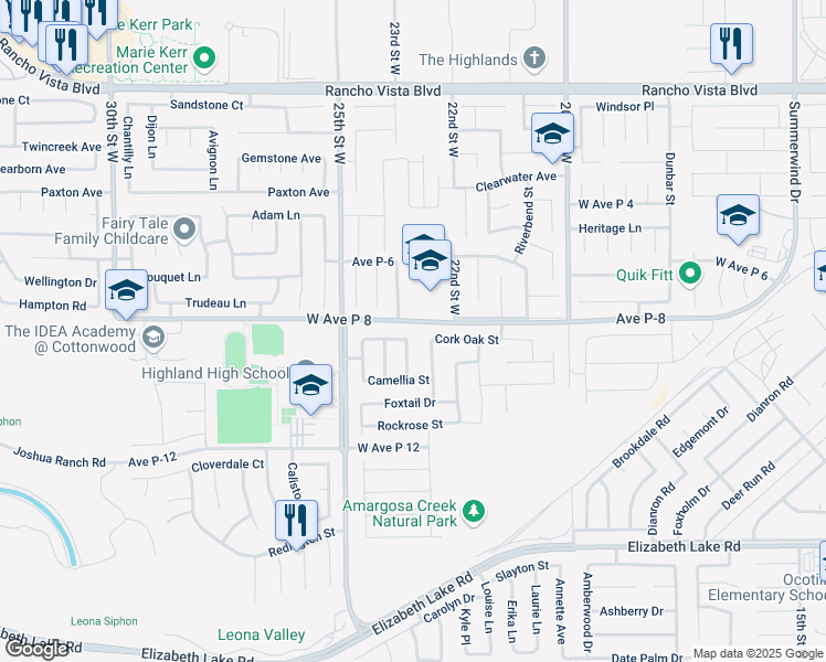 map of restaurants, bars, coffee shops, grocery stores, and more near 2301 Plumeria Lane in Palmdale