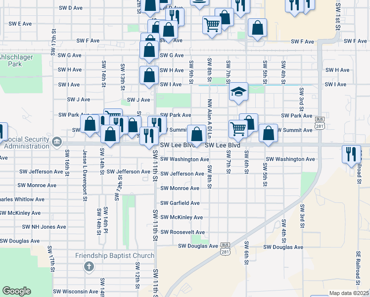 map of restaurants, bars, coffee shops, grocery stores, and more near 1108 Southwest 9th Street in Lawton