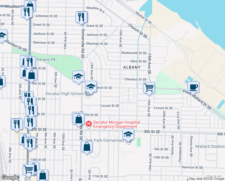 map of restaurants, bars, coffee shops, grocery stores, and more near 1410 Beech Street Southeast in Decatur
